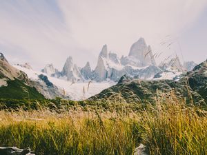 Preview wallpaper mountains, river, grass, landscape, mountain range