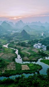 Preview wallpaper mountains, river, grass, distance, landscape