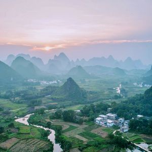 Preview wallpaper mountains, river, grass, distance, landscape