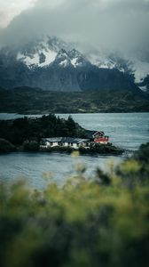 Preview wallpaper mountains, river, island, houses, nature