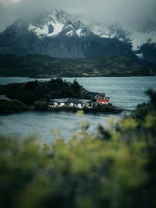 Preview wallpaper mountains, river, island, houses, nature