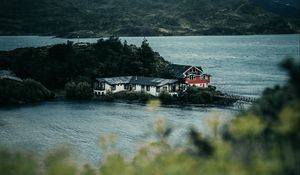 Preview wallpaper mountains, river, island, houses, nature