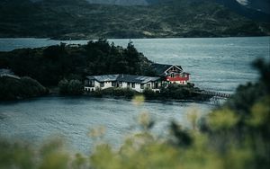 Preview wallpaper mountains, river, island, houses, nature