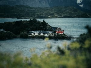 Preview wallpaper mountains, river, island, houses, nature