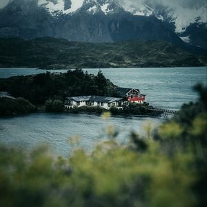 Preview wallpaper mountains, river, island, houses, nature