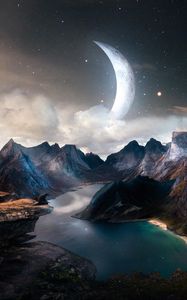 Preview wallpaper mountains, river, landscape, fantastic, moon, man, rocks