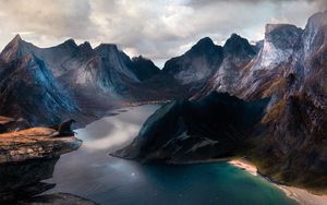 Preview wallpaper mountains, river, landscape, fantastic, moon, man, rocks