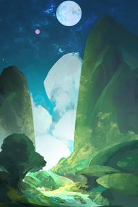 Preview wallpaper mountains, river, moon, nature, art