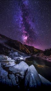 Preview wallpaper mountains, river, night, starry sky, landscape