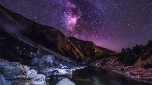 Preview wallpaper mountains, river, night, starry sky, landscape