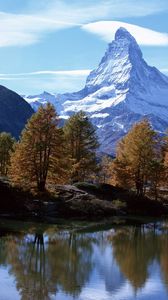 Preview wallpaper mountains, river, peak, top, clouds, sky, trees, coast