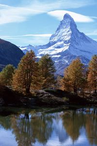 Preview wallpaper mountains, river, peak, top, clouds, sky, trees, coast