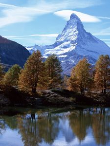 Preview wallpaper mountains, river, peak, top, clouds, sky, trees, coast