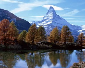 Preview wallpaper mountains, river, peak, top, clouds, sky, trees, coast