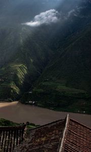 Preview wallpaper mountains, river, roofs, pagodas, clouds