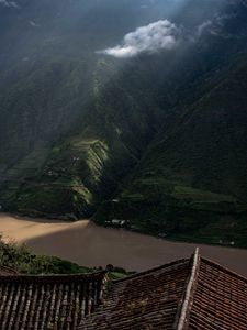 Preview wallpaper mountains, river, roofs, pagodas, clouds