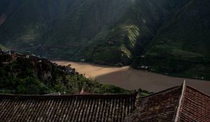 Preview wallpaper mountains, river, roofs, pagodas, clouds