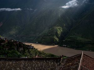 Preview wallpaper mountains, river, roofs, pagodas, clouds