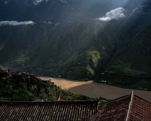 Preview wallpaper mountains, river, roofs, pagodas, clouds