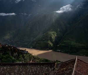 Preview wallpaper mountains, river, roofs, pagodas, clouds