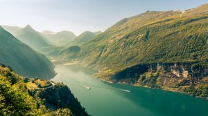 Preview wallpaper mountains, river, runboat, landscape