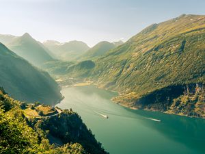 Preview wallpaper mountains, river, runboat, landscape