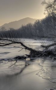 Preview wallpaper mountains, river, snow, snag