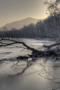 Preview wallpaper mountains, river, snow, snag