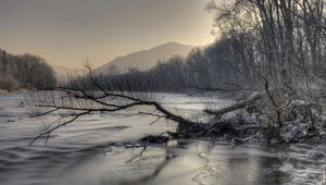 Preview wallpaper mountains, river, snow, snag