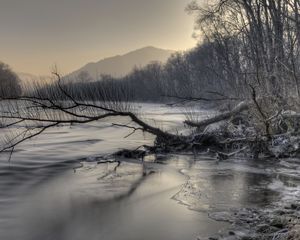 Preview wallpaper mountains, river, snow, snag