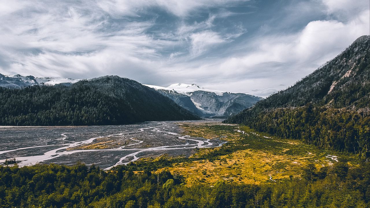Wallpaper mountains, river, snow, snowy, trees