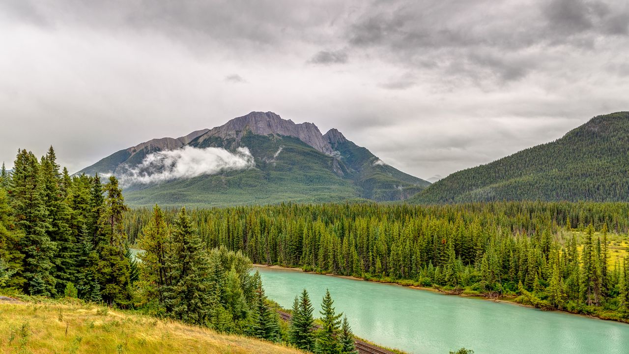 Wallpaper mountains, river, spruce, forest, clouds, sky hd, picture, image