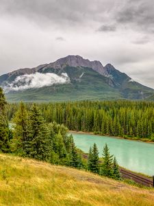 Preview wallpaper mountains, river, spruce, forest, clouds, sky