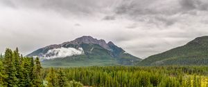 Preview wallpaper mountains, river, spruce, forest, clouds, sky