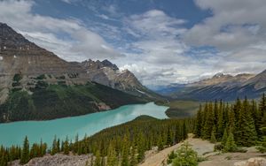 Preview wallpaper mountains, river, spruce, trees, valley