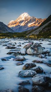 Preview wallpaper mountains, river, stones, landscape, nature