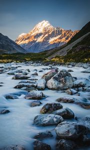 Preview wallpaper mountains, river, stones, landscape, nature