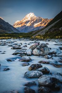 Preview wallpaper mountains, river, stones, landscape, nature
