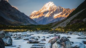 Preview wallpaper mountains, river, stones, landscape, nature