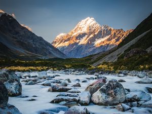 Preview wallpaper mountains, river, stones, landscape, nature