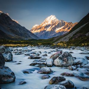 Preview wallpaper mountains, river, stones, landscape, nature