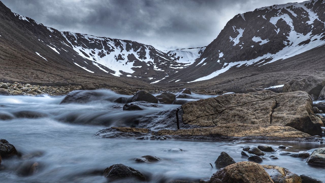 Wallpaper mountains, river, stones, snow, landscape