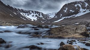 Preview wallpaper mountains, river, stones, snow, landscape