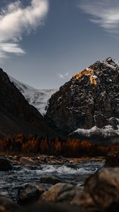 Preview wallpaper mountains, river, stones, trees, nature, landscape