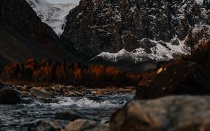 Preview wallpaper mountains, river, stones, trees, nature, landscape