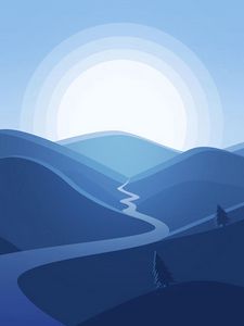 Preview wallpaper mountains, river, sun, landscape, vector, art