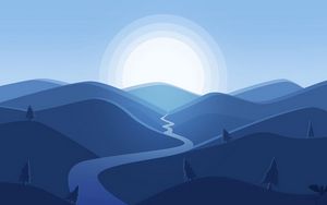 Preview wallpaper mountains, river, sun, landscape, vector, art