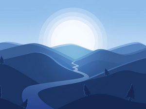 Preview wallpaper mountains, river, sun, landscape, vector, art