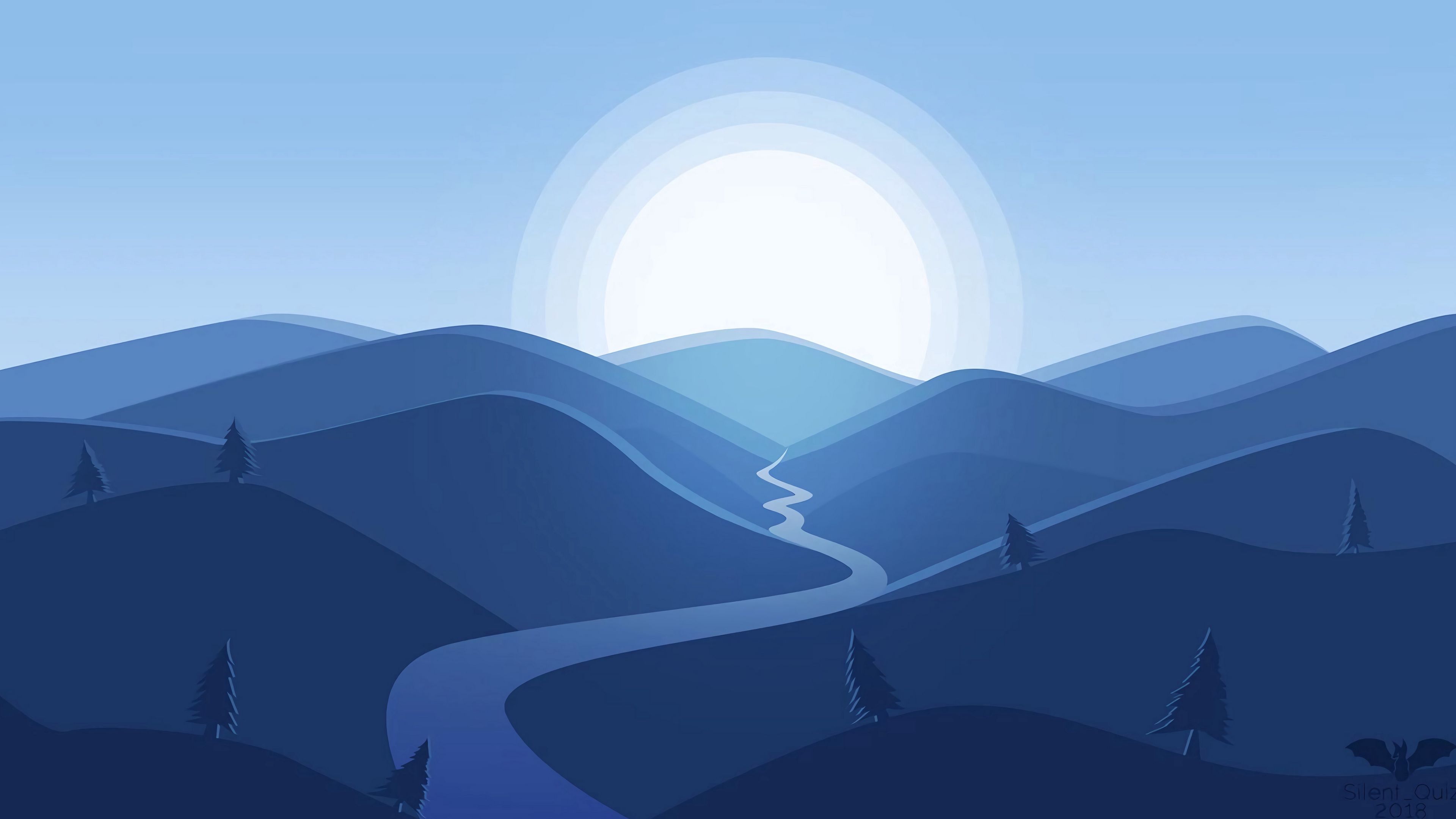 Download wallpaper 3840x2160 mountains, river, sun, landscape, vector