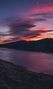 Preview wallpaper mountains, river, sunset, sky